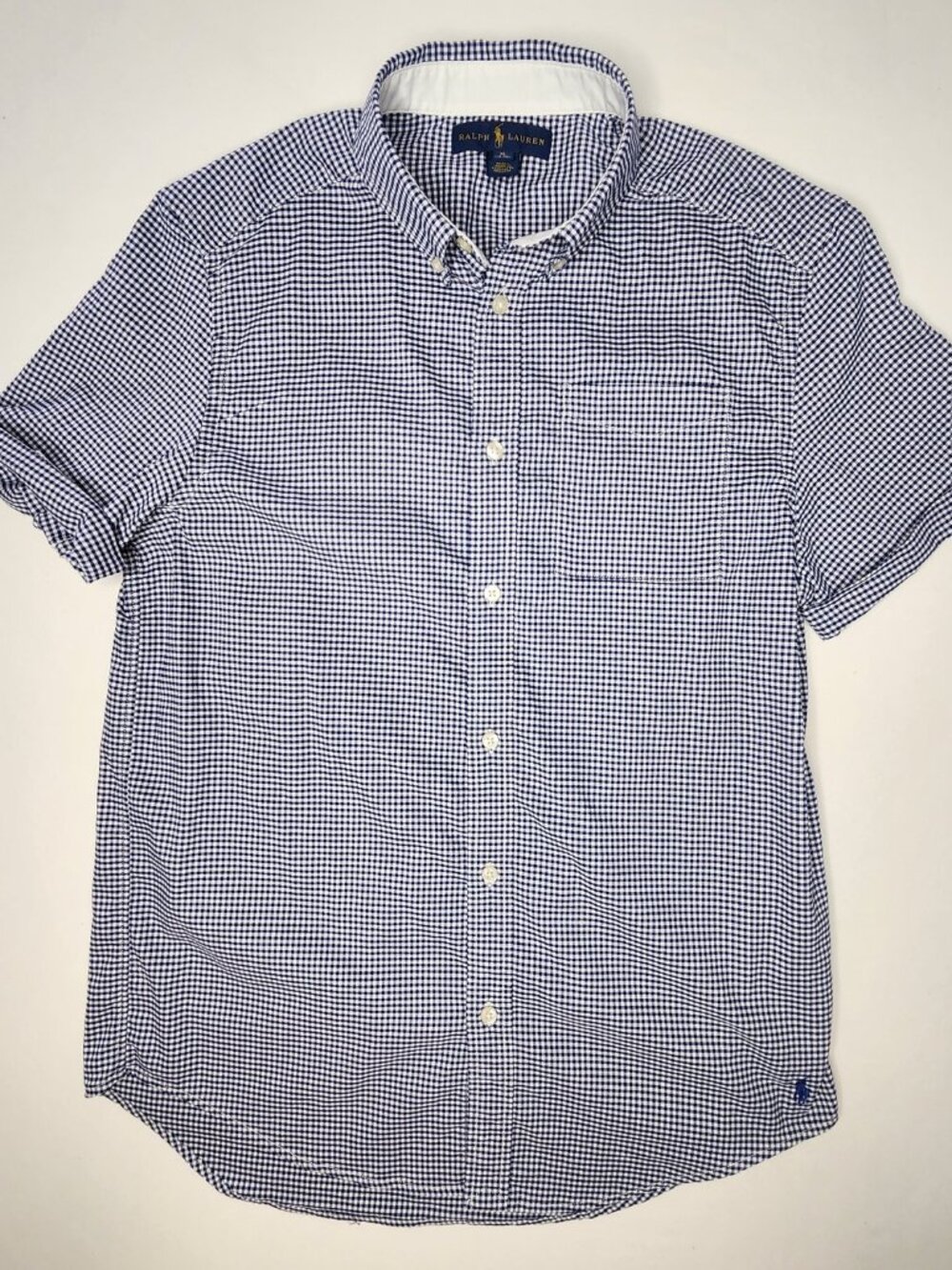 Ralph Lauren Boys Gingham Seersucker Shirt Blue, XL (18-20) Pony Logo
